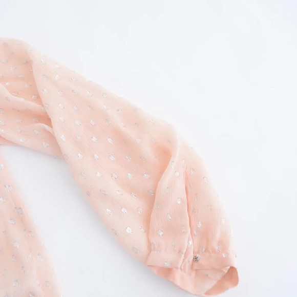 Rebecca Taylor Peach Silk Polka Dot Metallic Tie Neck Ruffle Long Sleeve Blouse2 - Picture 5 of 11